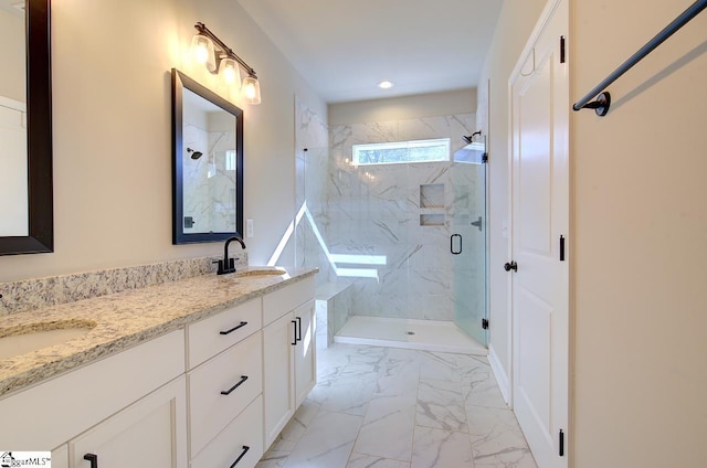 113 Bonaire Pointe Smithbrook Subdivision, Anderson, SC 29621 - bathroom with marble look tile flooring, a marble finish shower, double vanity, and recessed lighting