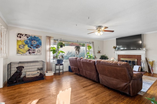 living room with ceiling fan, wood-type flooring, ornamental molding, and a fireplace