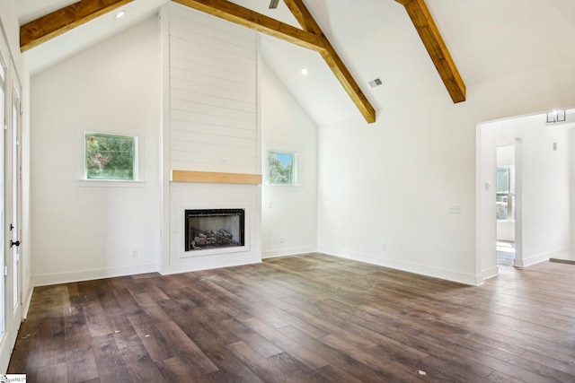 unfurnished living room with high vaulted ceiling, a fireplace, beamed ceiling, and dark hardwood / wood-style floors