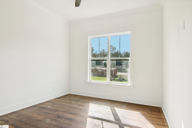 empty room with dark wood-type flooring and crown molding