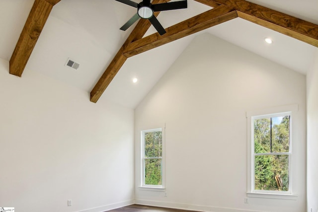 spare room featuring ceiling fan, high vaulted ceiling, beamed ceiling, and hardwood / wood-style floors