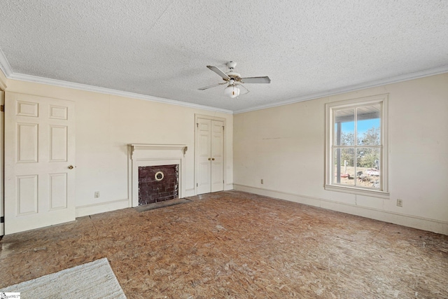 unfurnished living room with crown molding, a textured ceiling, and ceiling fan