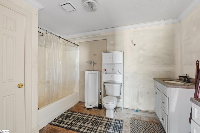 full bathroom featuring a textured ceiling, shower / bath combo, toilet, vanity, and crown molding