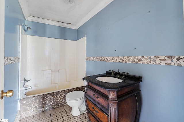 full bathroom featuring toilet, shower / bath combination, tile patterned floors, vanity, and crown molding