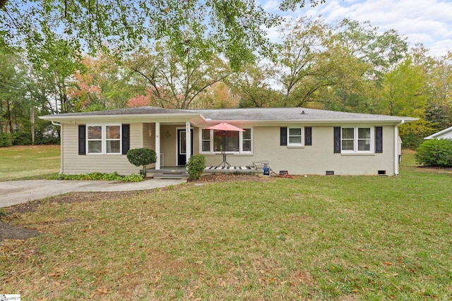 single story home with a front yard and a porch