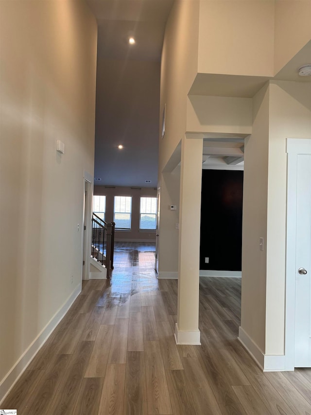 hallway with dark wood-type flooring and a high ceiling