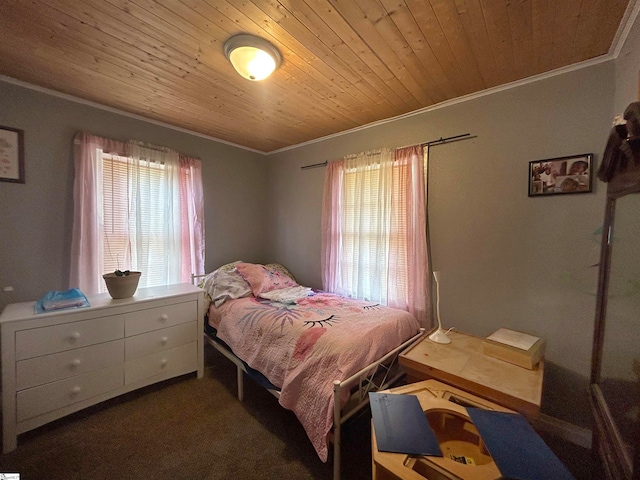 bedroom with crown molding, wooden ceiling, and dark carpet