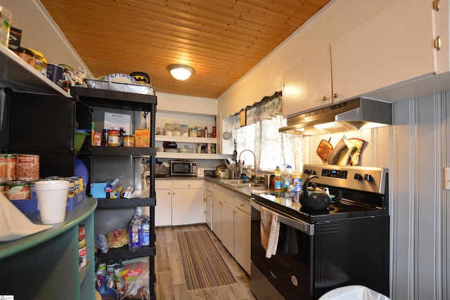 kitchen featuring appliances with stainless steel finishes, sink, white cabinetry, light hardwood / wood-style floors, and wooden ceiling