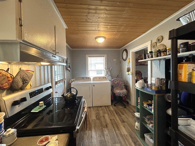 kitchen featuring white cabinetry, washer and dryer, wooden ceiling, and black stove