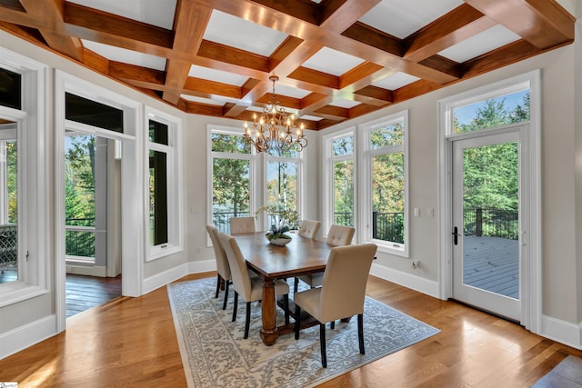 dining area featuring beamed ceiling, light wood-type flooring, and a wealth of natural light