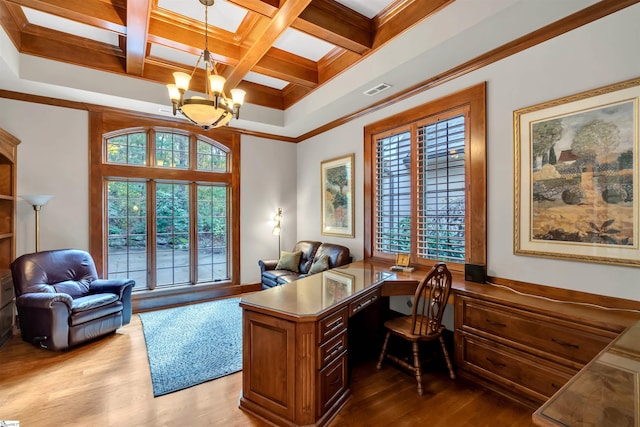 office with built in desk, beamed ceiling, coffered ceiling, and light wood-type flooring