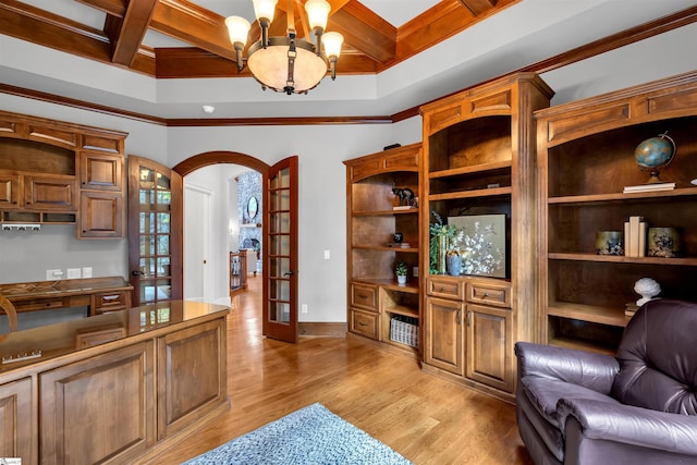 interior space featuring french doors, light hardwood / wood-style floors, beamed ceiling, crown molding, and a chandelier