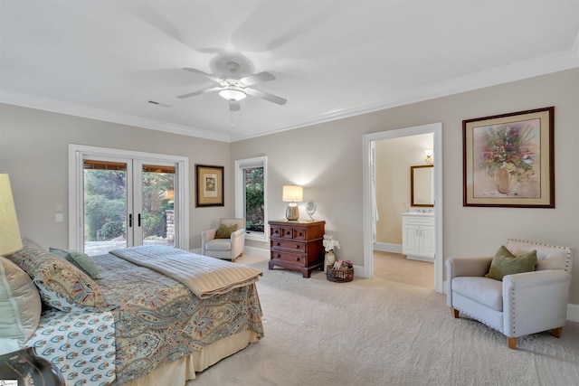 bedroom with access to outside, ensuite bath, ceiling fan, light carpet, and crown molding