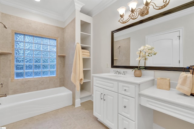 bathroom featuring vanity, ornamental molding, tiled shower / bath combo, and tile patterned flooring