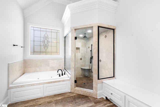 bathroom with separate shower and tub, crown molding, wood-type flooring, and lofted ceiling