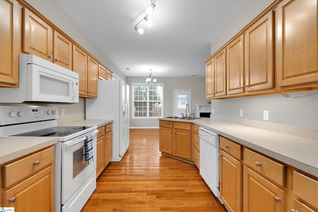 kitchen with hanging light fixtures, white appliances, sink, a notable chandelier, and light hardwood / wood-style floors