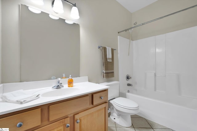 full bathroom with  shower combination, vanity, toilet, and tile patterned floors