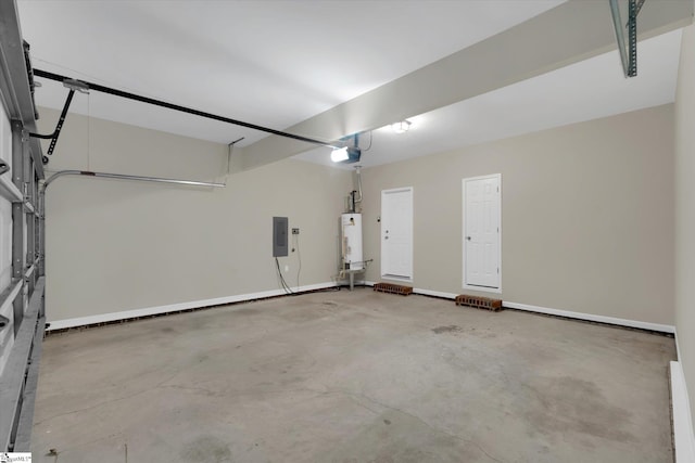 garage featuring a garage door opener, electric panel, and water heater