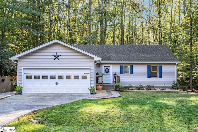 ranch-style home featuring a front lawn and a garage