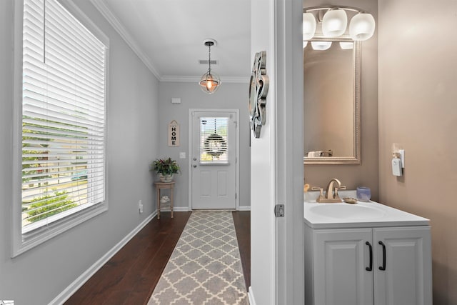 entryway with sink, dark wood-type flooring, and crown molding