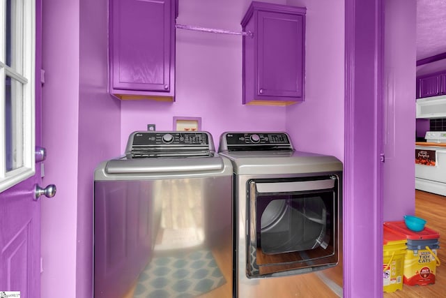 laundry room with cabinets, hardwood / wood-style flooring, and washer and clothes dryer