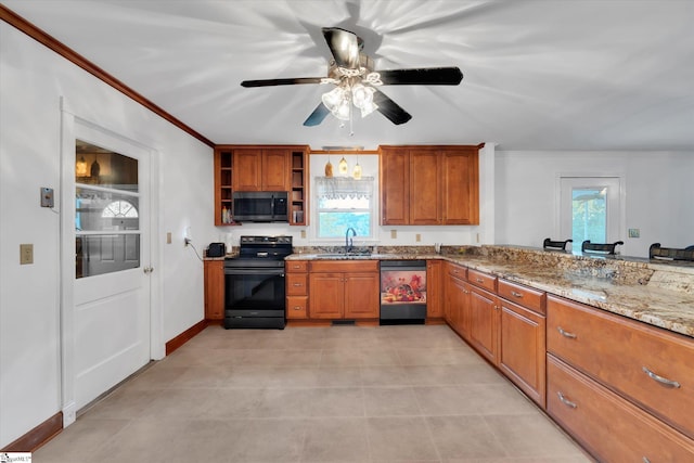 kitchen with stainless steel appliances, sink, light stone countertops, ceiling fan, and crown molding