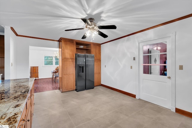 kitchen with stainless steel refrigerator with ice dispenser, ceiling fan with notable chandelier, and crown molding