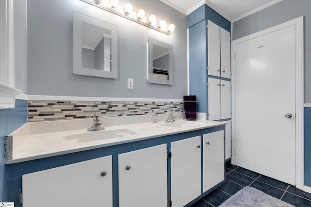 bathroom featuring vanity, tile patterned floors, tasteful backsplash, and ornamental molding