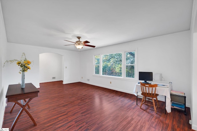 office area featuring ceiling fan and dark hardwood / wood-style floors