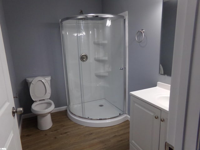 bathroom with toilet, vanity, hardwood / wood-style flooring, and a shower with shower door