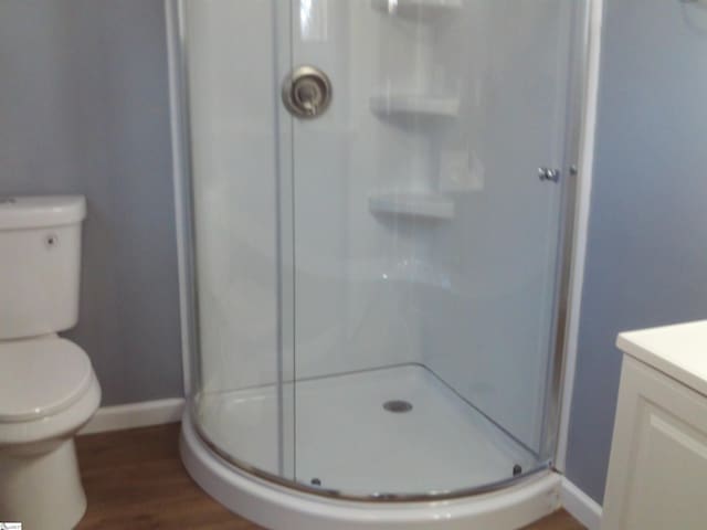 bathroom featuring toilet, vanity, hardwood / wood-style floors, and a shower with door