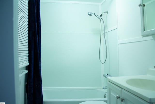 full bathroom featuring vanity, toilet, and shower / bathtub combination with curtain