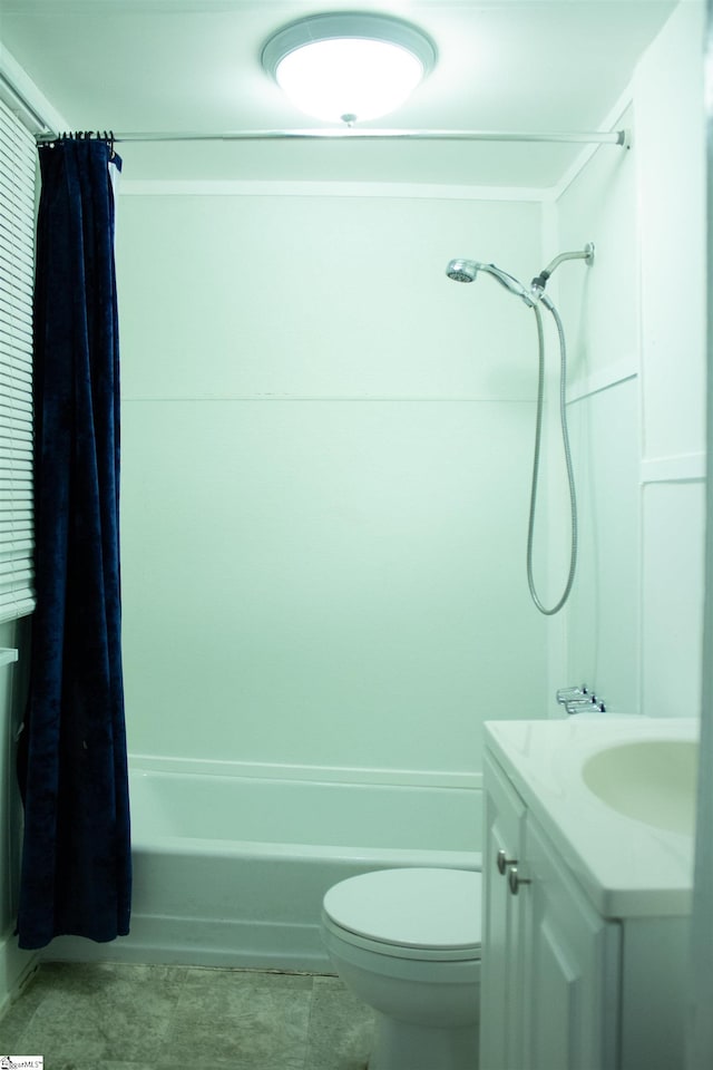 full bathroom featuring shower / tub combo with curtain, vanity, toilet, and tile patterned floors