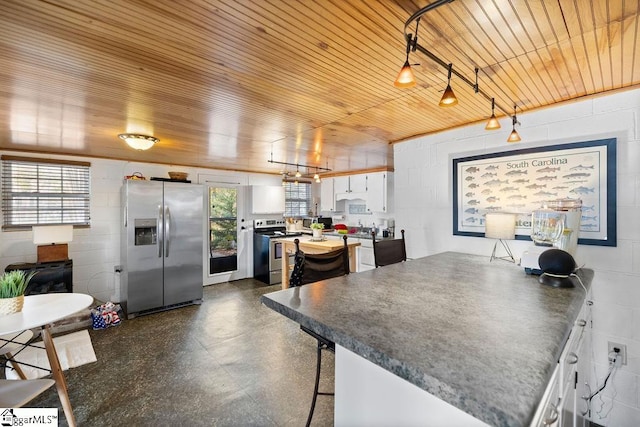 kitchen with white cabinets, stainless steel appliances, and wooden ceiling