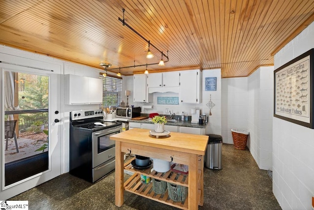 kitchen with stainless steel appliances, white cabinetry, track lighting, sink, and wooden ceiling