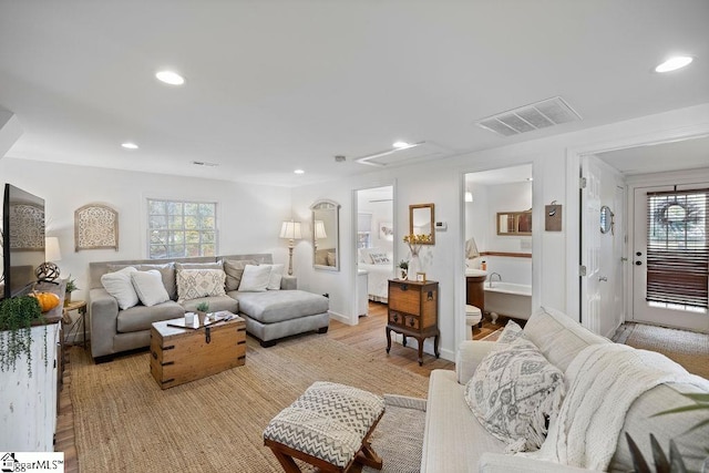 living room with a wealth of natural light and light hardwood / wood-style floors