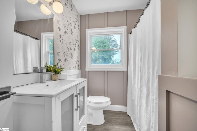 bathroom with vanity, hardwood / wood-style floors, and toilet