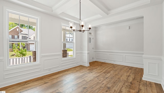 unfurnished dining area featuring a chandelier, beamed ceiling, hardwood / wood-style flooring, wainscoting, and coffered ceiling