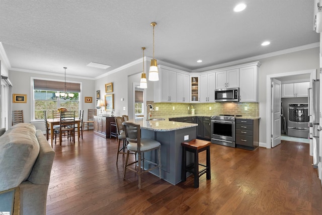 kitchen featuring dark hardwood / wood-style floors, decorative light fixtures, and appliances with stainless steel finishes