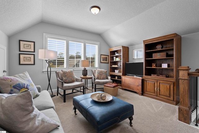 carpeted living room with lofted ceiling and a textured ceiling