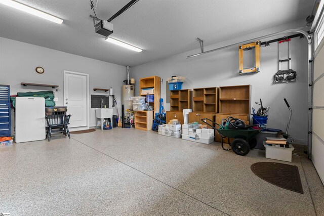 garage with gas water heater and a garage door opener