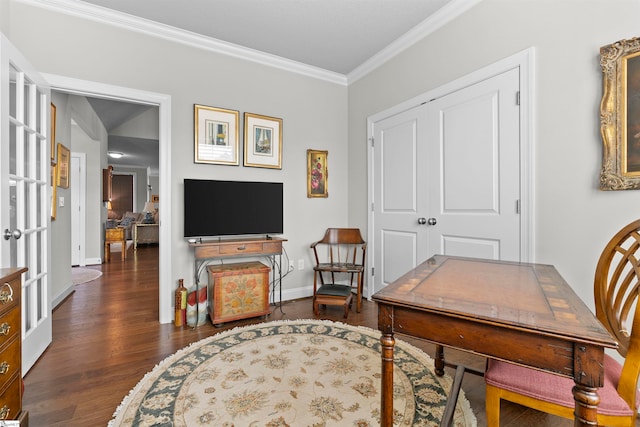 office space featuring dark hardwood / wood-style floors and crown molding