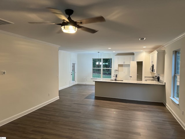 unfurnished living room with dark hardwood / wood-style flooring, ceiling fan, sink, and ornamental molding