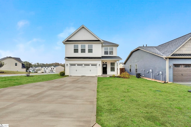 view of front of house featuring central AC unit, a front lawn, and a garage