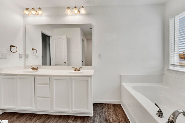 bathroom featuring a bathtub, wood-type flooring, and vanity