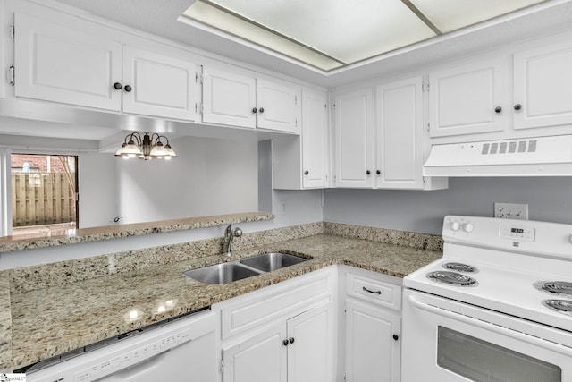 kitchen with white appliances, white cabinetry, ventilation hood, and sink