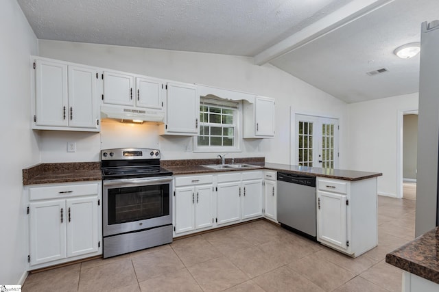 kitchen featuring white cabinets, sink, a textured ceiling, appliances with stainless steel finishes, and kitchen peninsula