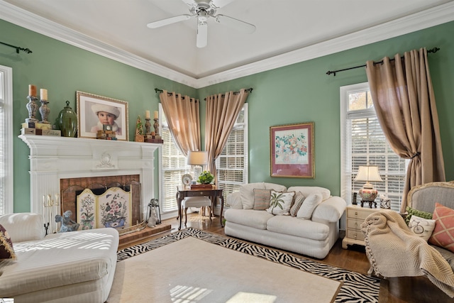 interior space with ornamental molding, wood-type flooring, and ceiling fan