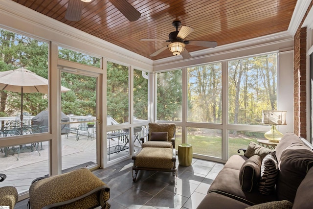 sunroom / solarium with ceiling fan and wooden ceiling