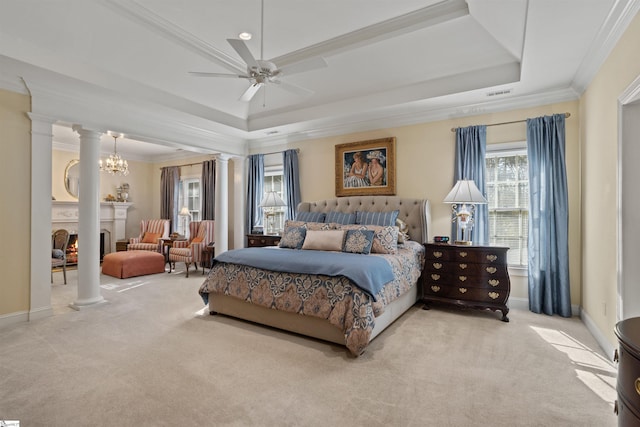 bedroom with ceiling fan with notable chandelier, light colored carpet, a raised ceiling, and crown molding